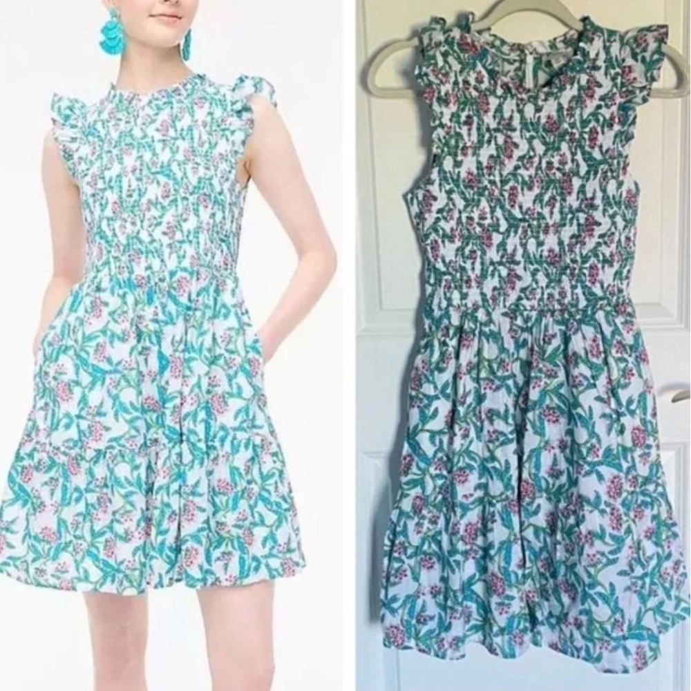 J. Crew Green floral smocked Flutter-Sleeve Mini Dress XS